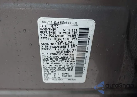 2010 Nissan Murano Sl z USA, uszkodzony, nr VIN JN8AZ1MU2AW016541